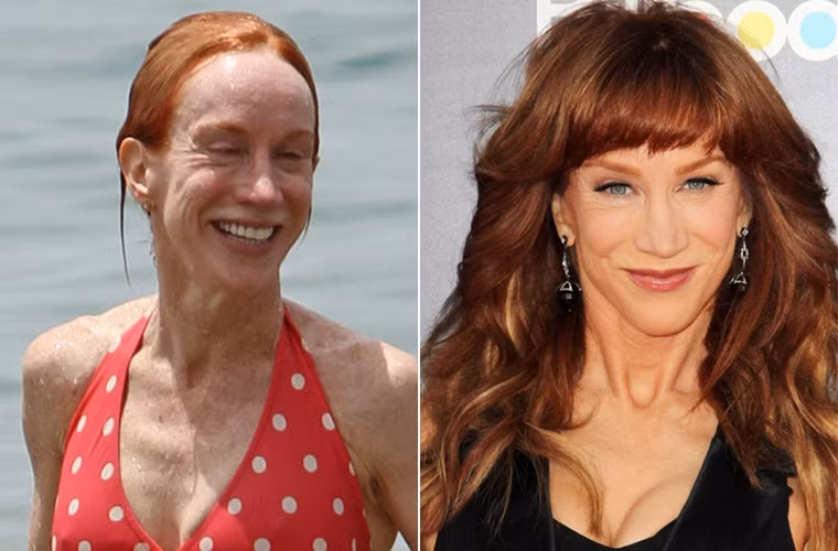 Nữ diễn viên hài Kathy Griffin đi tắm biển với khuôn mặt hoàn toàn không trang điểm để lộ ra vô số nếp nhăn của tuổi 53.