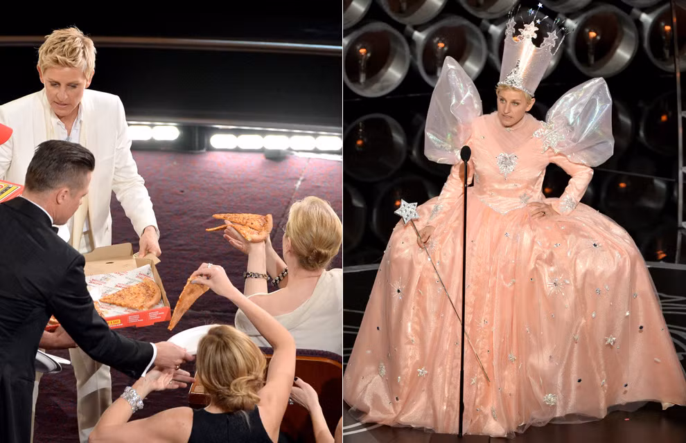 Oscar năm nay dường như rất bận rộn với MC đồng tính Ellen DeGeres khi cô vừa phát pizza lại vừa đóng vai bà tiên trên sân khấu lễ trao giải Oscar để đem đến những tràng cười không ngớt cho khán giả.