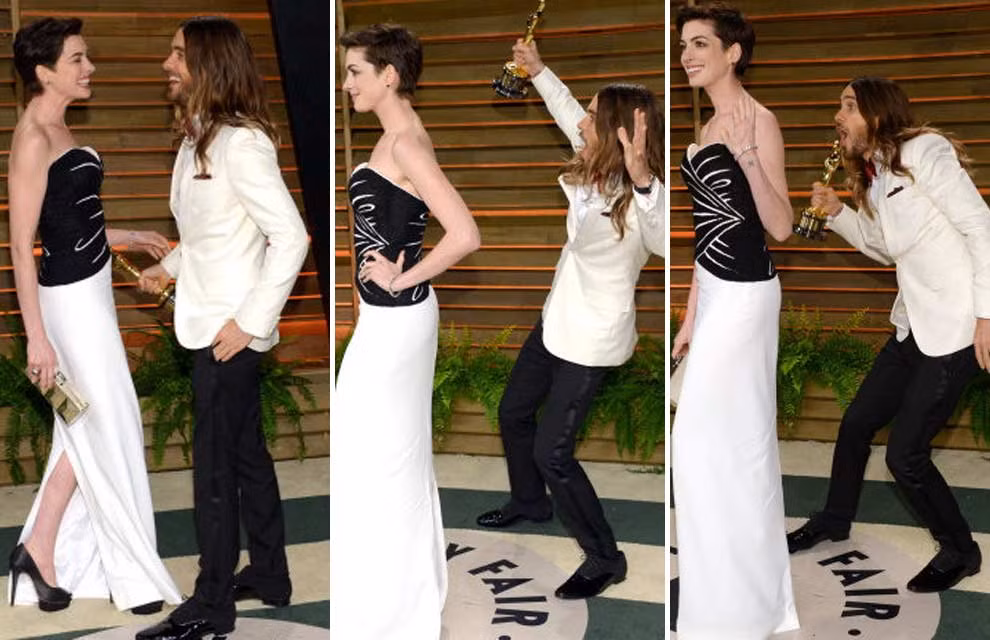 Với mục đích phá quấy cô bạn Anna Hathaway, nam diễn viên đạt giải diễn viên phụ xuất sắc nhất của Oscar năm nay, Jared Leto liên tục chọc cười người xem với những biểu cảm cực "nhắng".