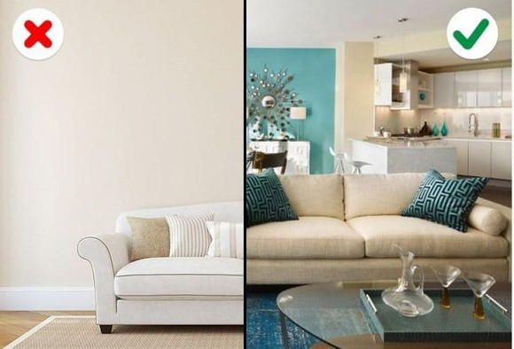 Khi theo đuổi các xu hướng nội thất khác nhau, bạn có thể vi phạm các nguyên tắc thiết kế cơ bản. Ví dụ như ở căn phòng bên trái, tường nhà và ghế đều có màu be sẽ khiến căn phòng trở nên nhạt nhòa, thiếu điểm nhấm, thiếu sự tương phản.