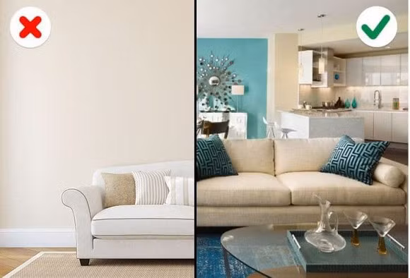 Khi theo đuổi các xu hướng nội thất khác nhau, bạn có thể vi phạm các nguyên tắc thiết kế cơ bản. Ví dụ như ở căn phòng bên trái, tường nhà và ghế đều có màu be sẽ khiến căn phòng trở nên nhạt nhòa, thiếu điểm nhấm, thiếu sự tương phản.