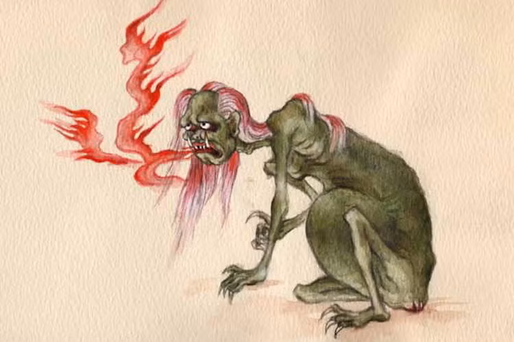 Theo quan niệm tâm linh ở Đông Á, ma đói còn được gọi là cô hồn hay ngạ quỷ, là linh hồn phiêu dạt không nơi nương tựa, không có người thờ của những người đã chết vì đói khát bệnh tật. Hình dáng của chúng được mô tả là đáng kinh khiếp với cái bụng rất to. Ảnh: Waking Times.