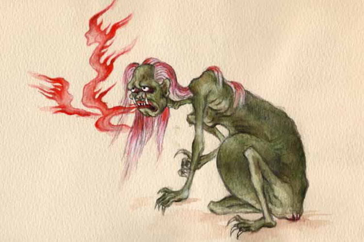 Theo quan niệm tâm linh ở Đông Á, ma đói còn được gọi là cô hồn hay ngạ quỷ, là linh hồn phiêu dạt không nơi nương tựa, không có người thờ của những người đã chết vì đói khát bệnh tật. Hình dáng của chúng được mô tả là đáng kinh khiếp với cái bụng rất to. Ảnh: Waking Times.