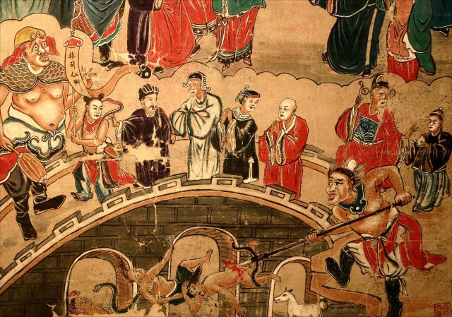 Ven sông Vong Xuyên, có một tảng đá, gọi là Tam Sinh Thạch, có thể ghi chép lại những chuyện của kiếp trước. Những kẻ giết người, gian ác phải leo qua cầu, dưới sông đầy thuồng luồng, cá sấu; hai đầu cầu lại có bầy chó ngao sẵn sàng cắn xé. Ảnh: People.reed.edu.