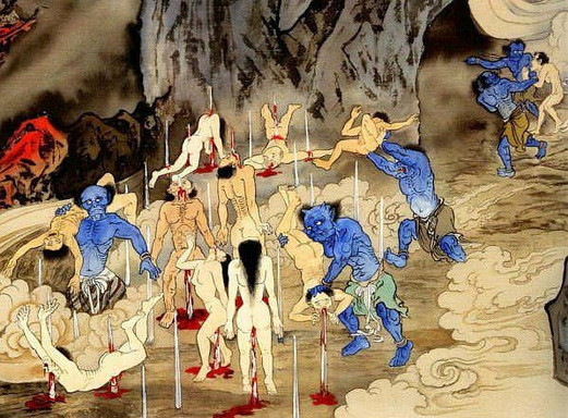 Địa ngục này có 8 cửa ngục lớn và 128 cửa ngục nhỏ. Mỗi cửa ngục lại có kiểu trừng phạt riêng: mổ bụng, moi tim, đun trong vạc dầu sôi, chặt tay, chặt chân, cưa người... Kiểu nào cũng đáng sợ và đau khổ ghê gớm. Ảnh: Chinese Buddhist Encyclopedia.
