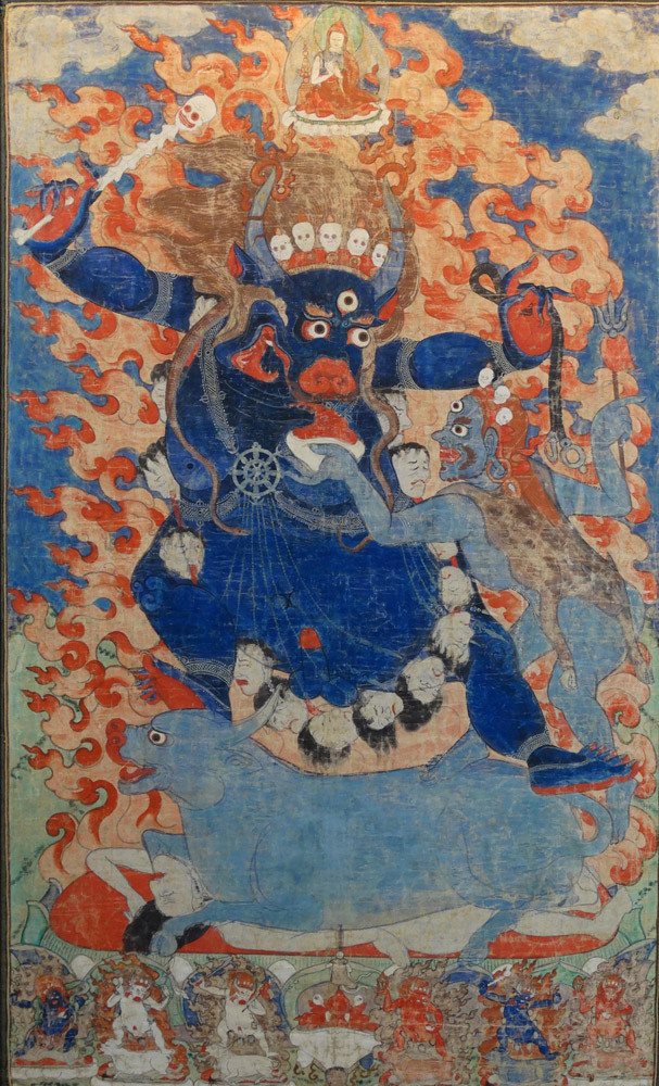 Trong huyền thoại Phật giáo, Yama nguyên là vua của xứ Vệ Xá Li. Trong một trận chiến tranh đẫm máu, ông ước nguyện làm vua địa ngục và quả nhiên được tái sinh làm Diêm La Vương. Ảnh: Asianart.com.