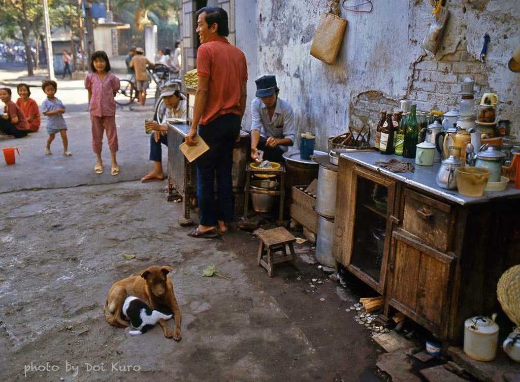 Chó con rúc vào bụng chó mẹ để bú trước một quán cà phê vỉa hè Sài Gòn, 1989.