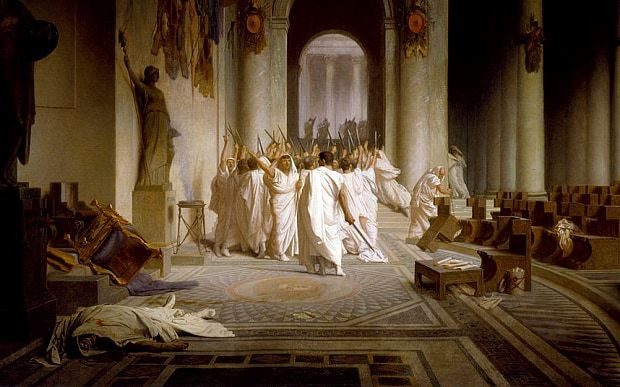 Tuy nhiên những mâu thuẫn chính trị vẫn chưa được giải quyết, và vào ngày 15/3 năm 44 TCN, một nhóm Nguyên lão nổi loạn do Marcus Junius Brutus lãnh đạo mưu sát thành công Caesar.