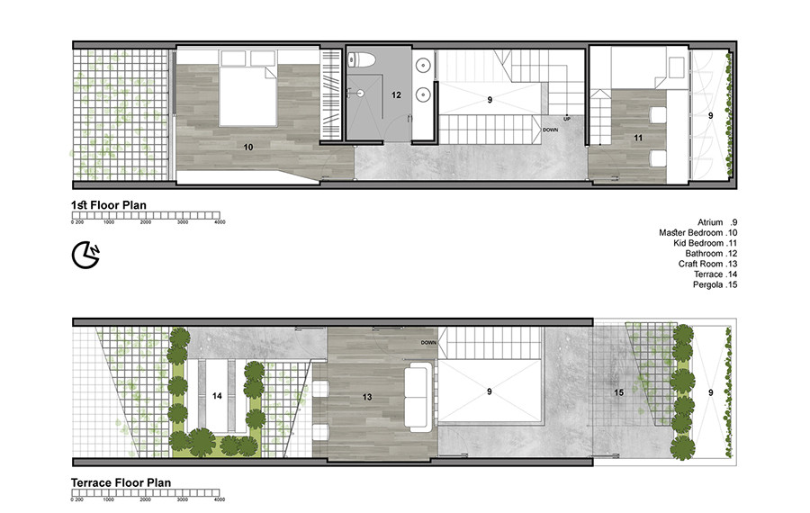 Mặt bằng tầng 1 và sân thượng. Gia chủ nói về công việc của mình: "Để có một sản phẩm hoàn chỉnh, như một chiếc túi xách chẳng hạn, cần phải qua rất nhiều công đoạn, cần rất nhiều những mũi kim tỉ mỉ và chính xác”.