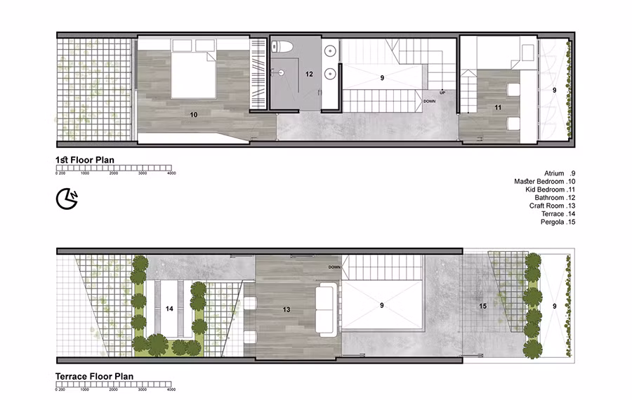 Mặt bằng tầng 1 và sân thượng. Gia chủ nói về công việc của mình: "Để có một sản phẩm hoàn chỉnh, như một chiếc túi xách chẳng hạn, cần phải qua rất nhiều công đoạn, cần rất nhiều những mũi kim tỉ mỉ và chính xác”.