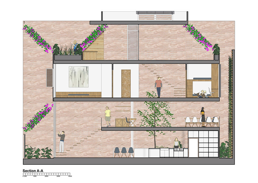 Và đó cũng là cách nhóm kiến trúc sư đã thực hiện công trình này, với tinh thần của một người thợ thủ công, cẩn thận và tỉ mỉ, kết nối từng bộ phận của ngôi nhà lại với nhau, giữa những cái cũ và mới, cái riêng và chung, giữa những gỗ-gạch-bê tông-sắt thép và cây xanh.