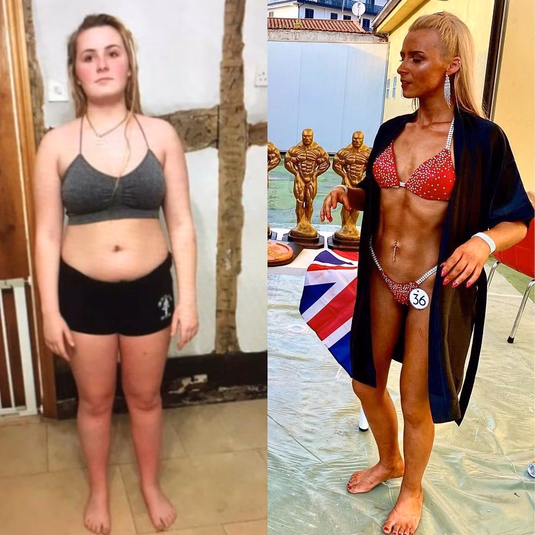 Skye trước và sau khi tập gym. Cô nối nghiệp mẹ làm người mẫu thể hình. Hiện tại, cô tạm dừng tập luyện để chăm sóc em bé mới sinh.