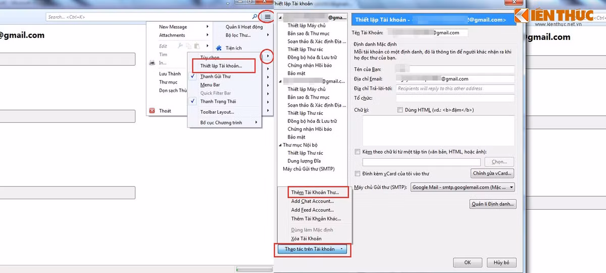 Tìm file Thunderbird vừa tải về ở trên, tiến hành cài đặt bình thường. Tiến hành khai báo thông tin của cả địa chỉ email cũ và mới của bạn trên Thunderbird bằng cách nhấn vào biểu tượng menu trên cùng bên góc phải, chọn Options (Tùy chọn) –> Account Settings (Thiết lập tài khoản). Nhấn vào nút Account Actions (Thao tác trên tài khoản), chọn Add Mail Account (Thêm tài khoản thư).