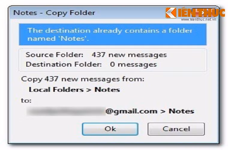 Khi việc sao chép dữ liệu vào Local Folders đã hoàn thành, tiến hành chuyển email từ Local Folders sang địa chỉ email mới. Để đảm bảo các thư mục được sao chép tương ứng với các thư mục trong tài khoản mới, Copy Folder luôn bật hộp thoại xác nhận cho phép bạn kiểm tra trước khi tiến hành sao chép.