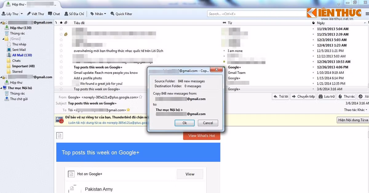 Việc copy này sẽ mất khá nhiều thời gian nếu dữ liệu trong địa chỉ email cũ của bạn có trữ lượng lớn. Trước khi copy, sẽ có 1 hộp thoại yêu cầu xác nhận hiện ra, cho biết chính xác có bao nhiêu email cần chuyển.