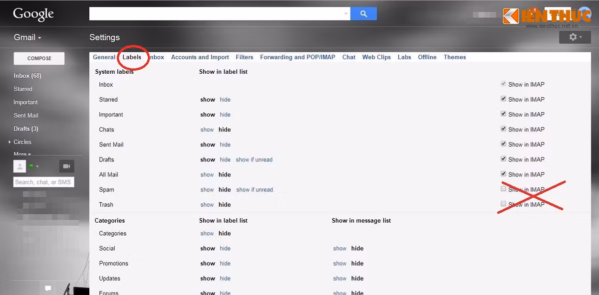 Sau đó, chuyển sang tab Labels. Mặc định, mục Inbox được chọn sẵn và không thể thay đổi, mục Chats không được chọn sẵn. Hãy chắc chắn rằng những mục quan trọng khác như Starred hay Important, Sent Mail được nhấn tùy chọn Show in IMAP. Bên cạnh đó, bạn nên bỏ đi tùy chọn mặc định của Spam và Trash.
