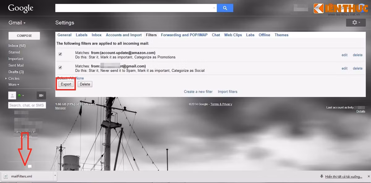 Nếu đã dành thời gian sử dụng bộ lọc (filter) trong địa chỉ email cũ, bạn có thể tận dụng luôn những bộ lọc có sẵn để tiết kiệm thời gian tìm kiếm email cần thiết. Truy cập tab Filters, nhấn vào những bộ lọc mà bạn muốn giữ, sau đó nhấn nút Export ở dưới. Trình duyệt sẽ tự động tải về một file có tên “mailFilters.xml”.