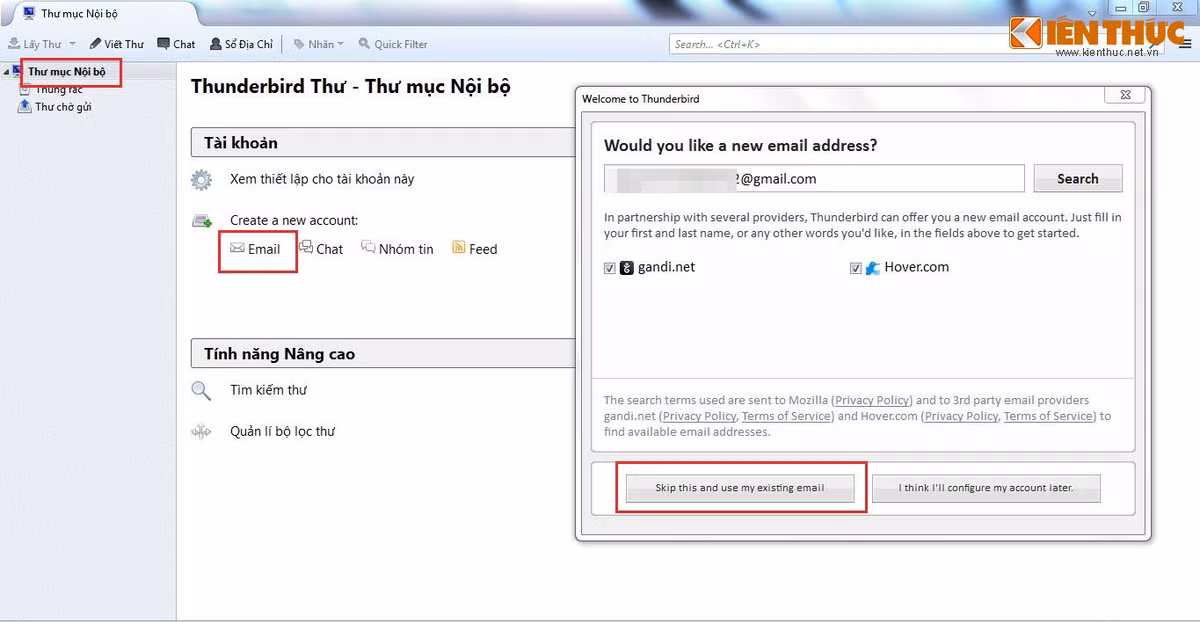 Người dùng cũng có thể khai báo các thông tin này bằng một cách khác nhanh hơn. Tại màn hình chính Thư mục nội bộ (Local Folders), vào phần Creat a new account –> Email –> Skip this and use my existing email. Chú ý chọn IMAP khi tiến hành 1 trong 2 cách trên.