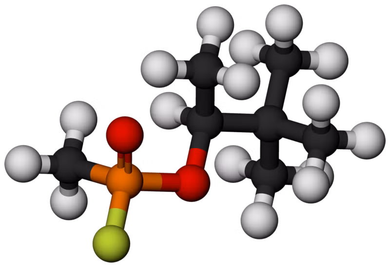 Nó là một chất ức chế gồm acetylcholinesterase và butyrylcholinesterase. Là một vũ khí hóa học, nó được phân loại như là một vũ khí hủy diệt hàng loạt của Liên Hợp Quốc theo Nghị quyết của Liên Hợp Quốc 687. Nhà hóa sinh người Đức Richard Kuhn phát hiện ra công thức “chết người” của Soman vào năm 1944, chỉ 6 năm sau khi giành giải Nobel Hóa học cho công việc của mình trên carotenoid và vitamin. Ảnh: Cấu trúc lập thể của Soman.