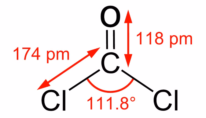 6. Phosgene: Phosgene là hợp chất hóa học với công thức COCl 2. Chất khí không màu này được sử dụng như một vũ khí hóa học nguy hiểm bắt đầu từ Chiến tranh thế giới 1. Khí Phosgene chính là “thủ phạm” giết người khủng nhất thời bấy giờ. Theo một báo cáo của Bộ Quốc phòng Mỹ năm 1987, có đến 85% của tất cả các trường hợp tử vong trong Đại chiến là do Phosgene. Trong khi đó, Hiệp hội các nhà khoa học lại đưa ra con số 80%. Dù với con số nào đi nữa thì nó cũng đã cướp đi 8,5 triệu sinh mạng con người trong thời chiến. Ảnh: Công thức của Phosgene.