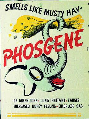 Phosgen không tồn tại trong tự nhiên mà là một sản phẩm nhân tạo của con người. Phosgene được tổng hợp bởi nhà hóa học người Anh John Davy (1790-1868) vào năm 1812 từ CO và Clo. Nó được ứng dụng trong nhiều ngành sản xuất công nghiệp và thuốc trừ sâu, ước tính cả thế giới đạt sản lượng Phosgene là 2,74 triệu tấn vào năm 1989. Ảnh: Poster của Mỹ về Phosgen trong Chiến tranh thế giới thứ 2.