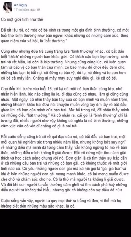 Sở dĩ bức ảnh "người tình bí mật" trên gây bão mạng là do trước đó 1 ngày, An Ngụy đã công khai một bài viết về chủ đề giới tính với rất nhiều ẩn ý. Đọc xong bài viết này, khá nhiều bạn trẻ cho rằng đây chẳng khác nào một lời "tự bạch" về giới tính thật của một cô nàng thuộc thế giới thứ 3.