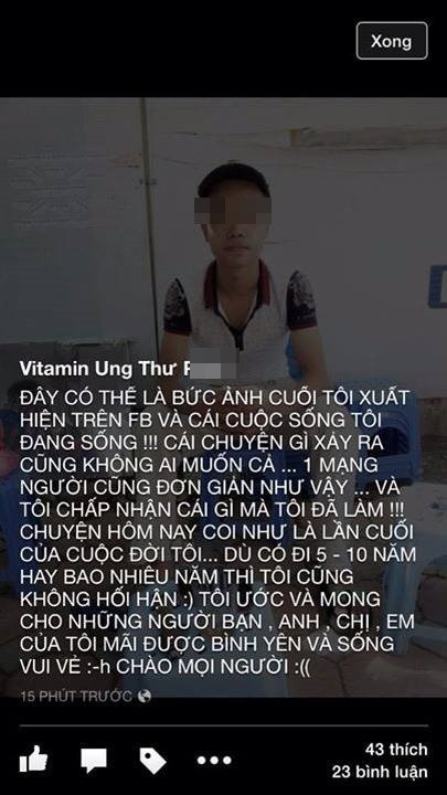 Bức ảnh và dòng tự thú có kèm theo câu "không hối hận" của kẻ bị nghi là thành viên trong nhóm thanh niên truy sát, ném đá người dưới ao dẫn đến mất mạng.