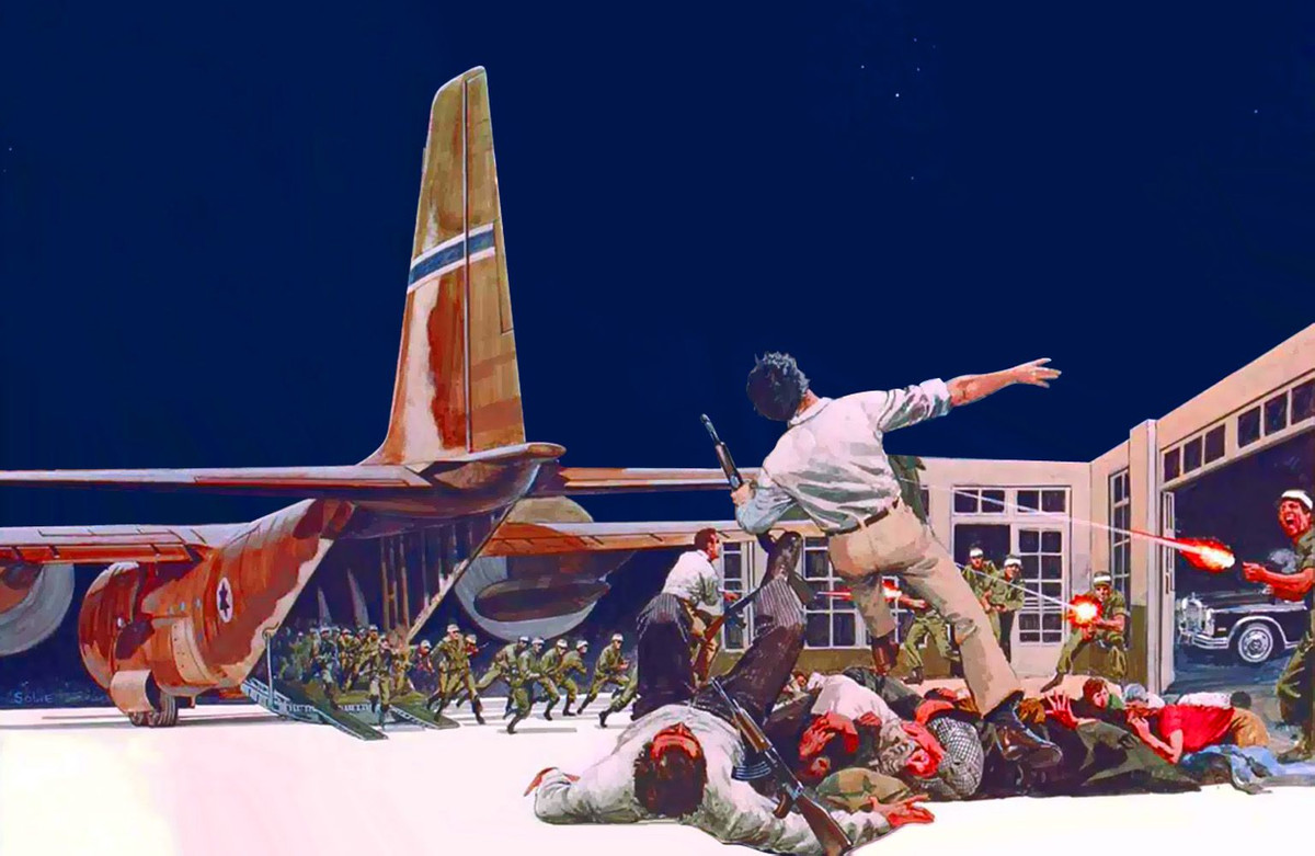 Các con tin ở trong toà nhà chính của sân bay, ngay cạnh đường băng. Ngay khi vào nhà ga, lính Israel hét lên qua loa, "Nằm xuống! Nằm xuống! Chúng tôi là binh sĩ Israel". Cuộc đấu súng sau đó diễn ra chóng vánh với ưu thế áp đảo thuộc về phía Israel. Toàn bộ những kẻ không tặc và ba con tin thiệt mạng trong diễn biến này.