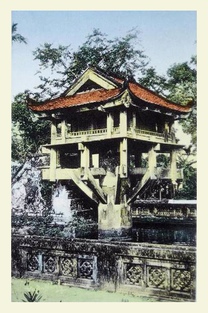 Chùa Một Cột trong một tấm bưu thiếp tô màu xưa.