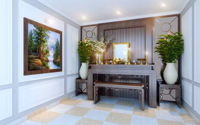 Phòng thờ giản dị mà trang trọng nhờ sử dụng chủ yếu là chất liệu gỗ.