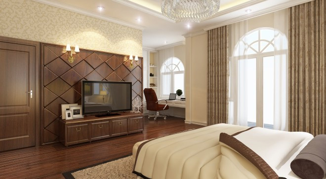 Phòng ngủ lớn ở tầng 2 tông màu vàng kem nhã nhặn dựa theo phong cách cổ điển.