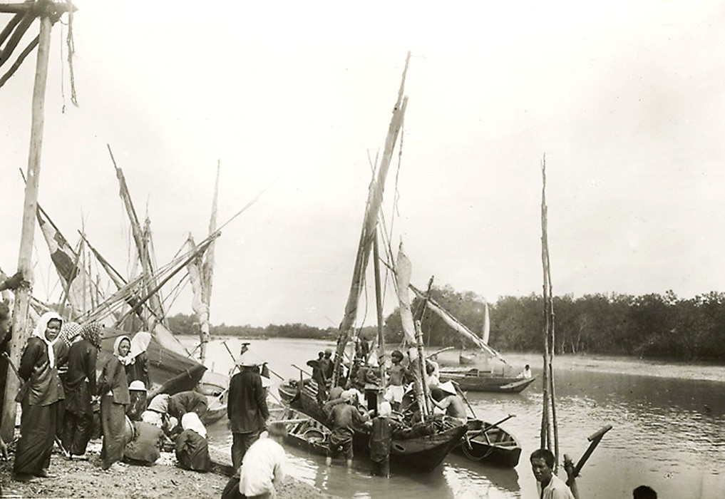 Những người phụ nữ tụ tập trên bờ để chờ mua những mẻ cá mới đánh bắt ở biển Cần Giờ.