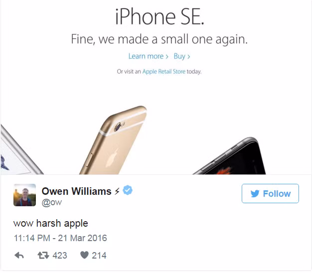 Người dùng Owen Williams cho rằng cuối cùng Apple cũng chấp nhận thực tế và họ đành làm sản phẩm màn hình nhỏ một lần nữa.