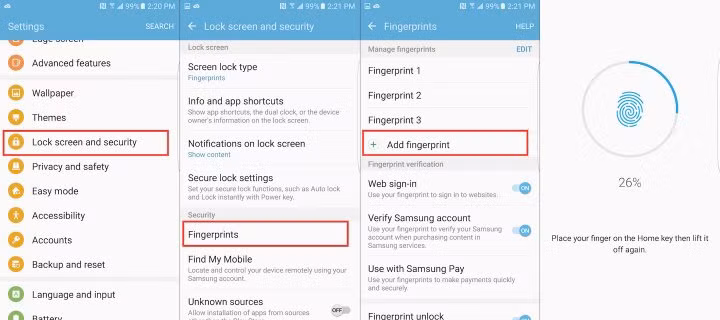  Tạo dấu vân tay và sử dụng cảm biến vân tay của Samsung Galaxy S7. Trước khi sử dụng dấu vân tay trên Galaxy S7 để khai thác các tính năng bổ sung, việc đầu tiên bạn cần làm là tạo một dấu vân tay để sử dụng theo các bước sau: Truy cập vào menu Settings>Lock Screen and Security>Fingerprints>Add Fingerprints. Sau đó đặt từng phần của ngón tay lên nút home tới khi hoàn thành. Để dấu vân tay được lấy chính xác nhất, bạn nên đặt chính giữa ngón tay từ trên đỉnh và khéo dần tới hết đốt đầu tiên, sau đó tiếp tục quá trình tương tự với hai bên rìa ngón tay. Bạn nên lấy dấu vân tay của cả 2 ngón cái và ngón trỏ.