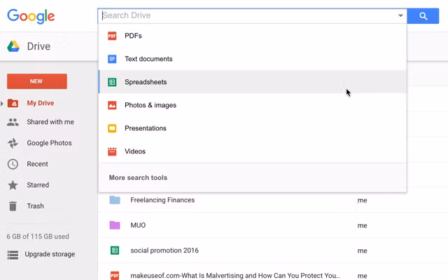  4. Sử dụng công tụ tìm kiếm nâng cao. Tìm kiếm một tập tin bằng cách sử dụng thanh tìm kiếm ở trên cùng của màn hình chắc chắn là cách tốt nhất để thực hiện, nhưng nếu sử dụng chức năng tìm kiếm nâng cao thì hiệu quả tìm kiếm đạt được thậm chí còn tốt hơn. Khi nhấn chuột vào thanh tìm kiếm, trong menu xổ xuống bạn sẽ thấy có nhiều loại tập tin khác nhau, giúp thu hẹp phạm vi tìm kiếm.