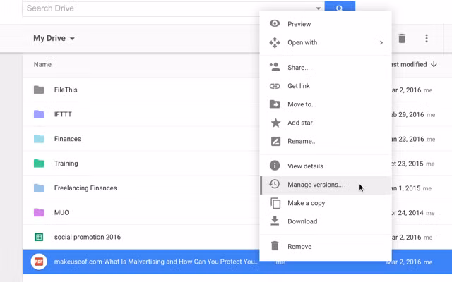 Để xem thông tin này, chỉ cần nhấp chuột phải và chọn Manage revisions… Để xem lịch sử chỉnh sửa một tài liệu Google, nhấp chuột phải và chọn View details, thao tác này sẽ mở ra bảng thông tin chi tiết ở phía bên phải của màn hình.