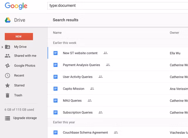 Khi click vào một loại tập tin bất kỳ, ví dụ như text thì bạn chọn Text documents, ngay lập tức sẽ có một danh sách tất cả các loại tập tin Text documents có trong Google Drive của bạn. Thực hiện tương tự khi bạn muốn tìm kiếm các file PDF, bảng tính excel, video, trình chiếu …