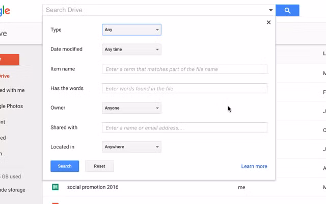 Ngoài việc tìm kiếm bằng các loại tập tin, bạn có thể bấm tuỳ chọn More search tools ở dưới cùng của menu tìm kiếm để có được quyền truy cập vào nhiều tùy chọn tìm kiếm nâng cao, như ngày sửa đổi, từ khoá chứa trong các tập tin, chủ sở hữu, chia sẻ với …Các tùy chọn này sẽ giúp tìm kiếm nhanh và chính xác tài liệu mình cần đang được lưu trữ trong kho Google Drive khổng lồ.