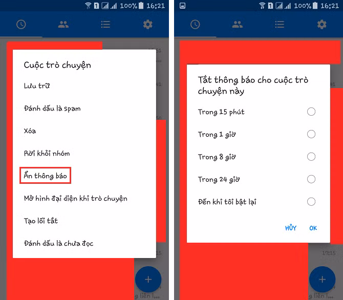  7. Tắt tiếng cuộc trò chuyện Nếu đang nhắn tin vào ban đêm hoặc không muốn nhận thông báo cho tin nhắn đến từ một ai đó, bạn có thể tắt thông báo bằng cách nhấn giữ vào cuộc hội thoại đó, chọn Ẩn thông báo rồi thiết lập thời gian mà thông báo cho cuộc hội thoại đó được bật lại. 