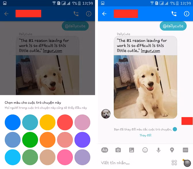  Nhấp vào biểu tượng Thông tin (ở góc trên bên phải cuộc trò chuyện) -> Màu -> chọn màu sắc bất kỳ mà bạn (hoặc người ấy) thích để áp dụng chỉ cho cuộc trò chuyện của bạn với người ấy. 