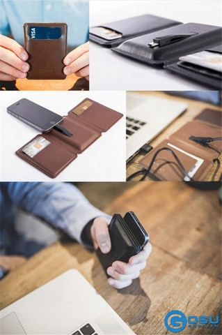  3. Ví tiền tự sạc pin cho điện thoại Servr – Giá 59,95 USD. Ví tiền tự sạc pin cho điện thoại Servr (Nauy) có thể sạc pin cho cả điện thoại Android và iPhone. Tuy tích hợp trong ví thỏi pin 1400mAh, nhưng hầu như bạn chẳng thấy có gì dị thường về mặt độ dày cả. Viên pin dự phòng nằm ở giữa chiếc ví 3 ngăn, kèm theo một cổng kết nối được ẩn giấu bên trong.