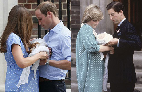 Hai bà mẹ giống nhau ở ngay cả cử chỉ trao hoàng tử bé cho chồng ẵm trong lần đầu khoe con với cả thế giới.