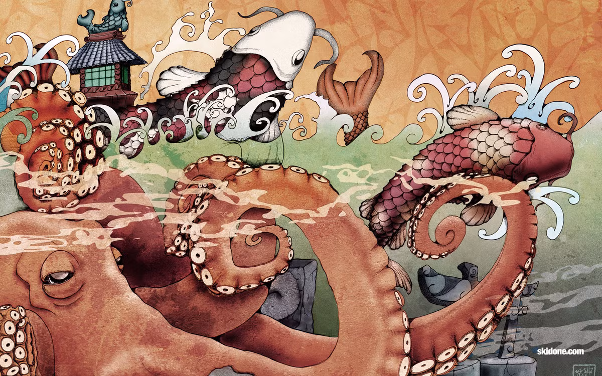 Trong văn hóa Nhật Bản, Akkorokamui là tên gọi của một loài bạch tuộc khổng lồ có thể dài cả trăm mét, có khả năng nhấn chìm một chiếc thuyền chỉ trong nháy mắt, được thờ trong một số đền thờ đạo Shinto như một vị thần. Ảnh: Ukiyo3.com.