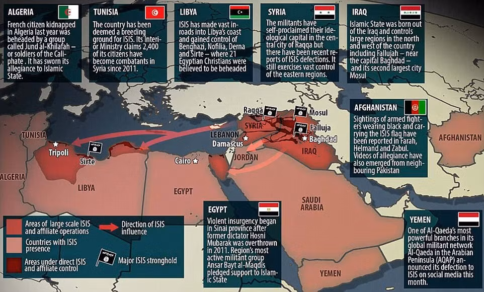 Bước sang thế kỷ 21, hình ảnh "vòi bạch tuộc" lại gắn liền với sự bành trướng của các thế lực khủng bố quốc tế, điển hình là sự hoành hành của Nhà nước Hồi giáo IS những năm gần đây. Ảnh: Daily Mail.