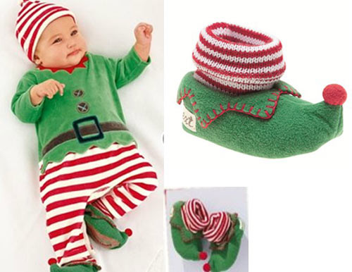 Bé sơ sinh cũng rực rỡ và ấm áp không kém trong bộ đồ noel màu xanh lá cây chất nỉ.