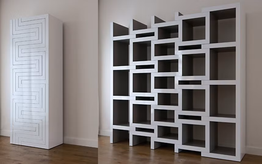 Kệ sách REK có thể “co giãn” theo kích cỡ sách bằng cách kéo các thanh trượt, đồng thời có những ngăn hẹp để lưu giữ báo, tạp chí.