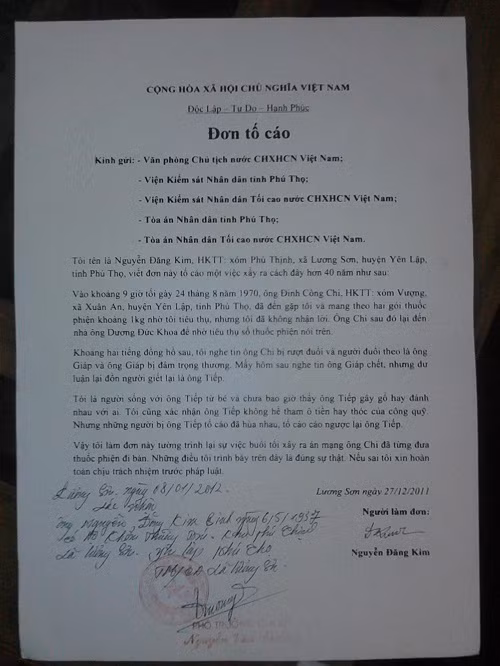 Đơn tố cáo của ông Kim tố ông Đinh Công Chi nhờ ông bán ma túy đêm ngày 24/8/1970 nhưng ông Kim không làm theo.