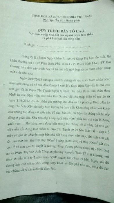 Đơn tố cáo ông C. gửi các cơ quan chức năng.