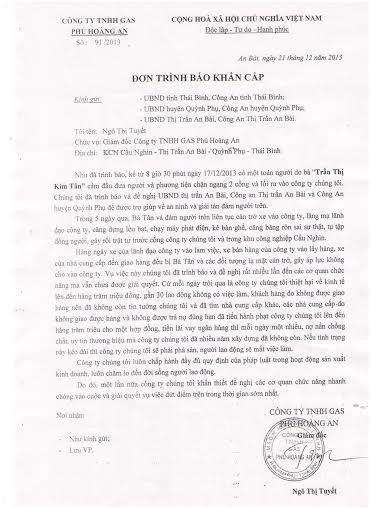Đơn trình báo khẩn cấp của công ty gas Phú Hoàng An.