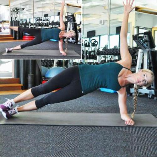 Bài tập 6: Bài tập cho phần lườn. Nghiêng người phía bên trái, chân thẳng và giữ người bằng tay trái, tay phải giơ cao. Dùng lực của bụng và chân phải, nâng chân trái và cơ thể lên sao cho chúng tạo thành đường thẳng. Lặp lại động tác 10 lần với mỗi bên. Nghỉ 2 phút rồi tiếp tục lặp lại toàn bộ bài tập